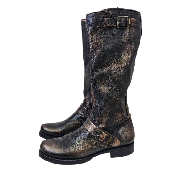 FRYE Womens Veronica Bronze Brush Off Slouch Leather Boots, Tall, Buckle, Sz 8 - Picture 1 of 11